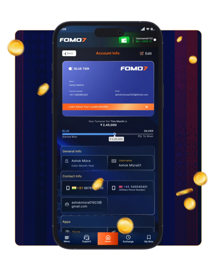 mobile view of Fomo7 account info page with user general information- Name, contact no Email etc...