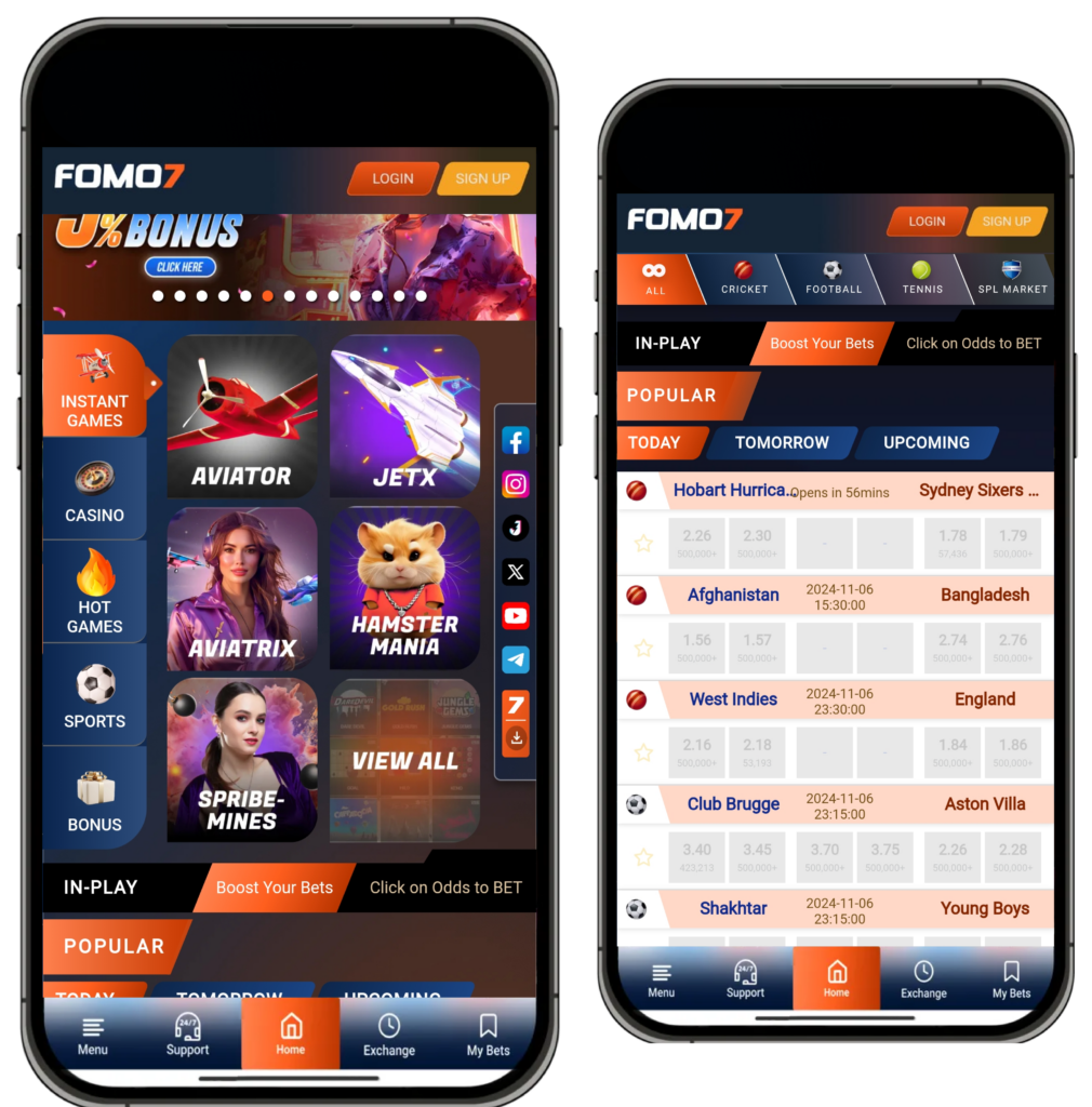 Fomo7 mobile view instant game showing with all sports odds options