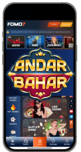 Mobile view of FOMO7 website featuring Andar Bahar, live casino, and other games