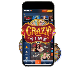 Mobile view of FOMO7 website featuring Crazy-Time, live casino, and other games