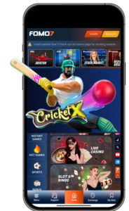 Mobile view of FOMO7 website featuring CricketX, live casino, and other games