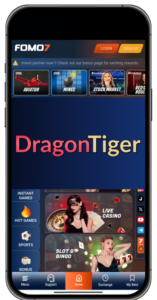 Mobile view of FOMO7 website featuring Dragon-Tiger, live casino, and other games