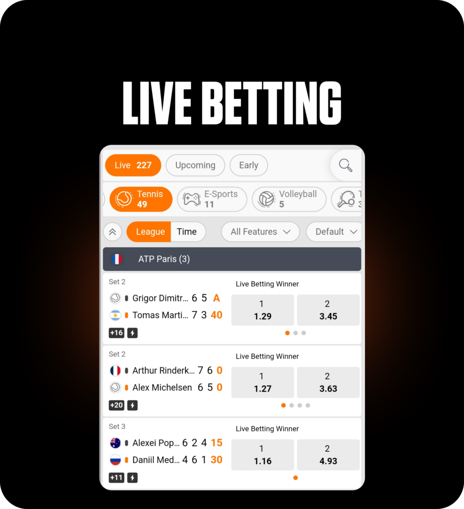 Tennis match League Live betting interface showing Players score