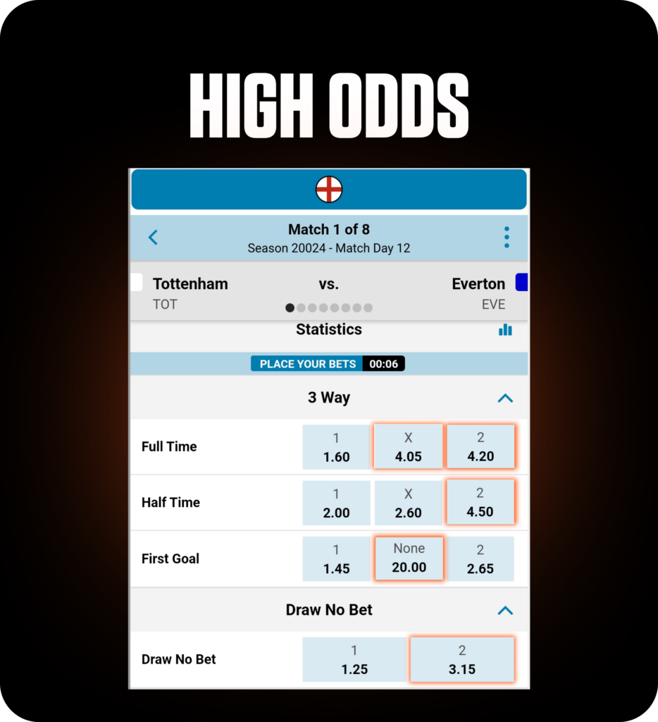 High odds betting interface showing Tottenham vs. Everton match details