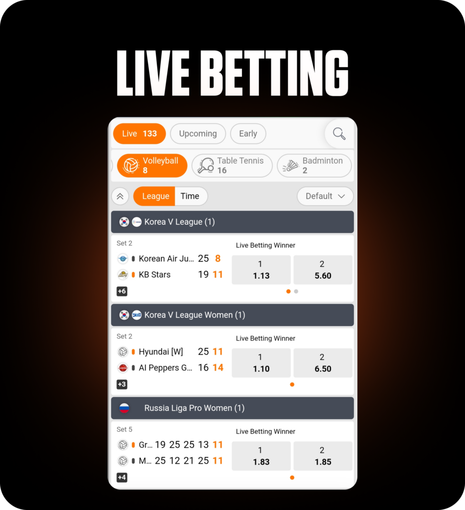 Live betting interface showing volleyball match odds and scores for Korea V League and Russia Liga Pro Women