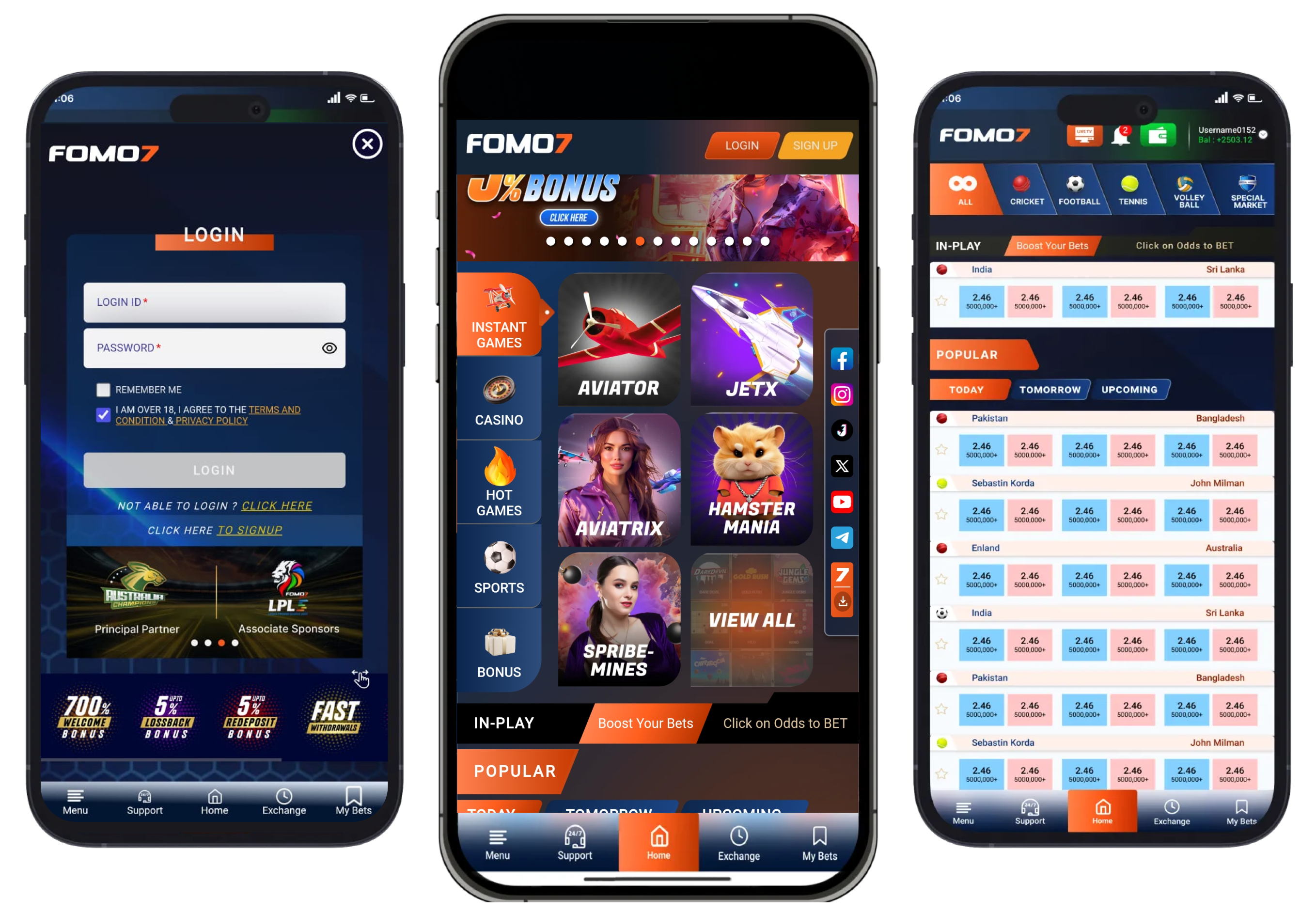 Fomo7 Mobile view of the login page, Aviator homepage & all sports odds