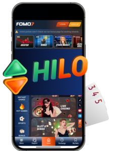 Mobile view of FOMO7 website featuring HiLo, live casino, and other games