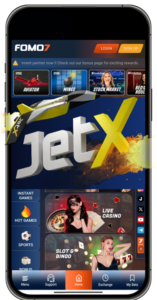 Mobile view of FOMO7 website featuring JetX, live casino, and other games