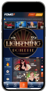 Mobile view of FOMO7 website featuring Lightning-Roulette, live casino, and other games