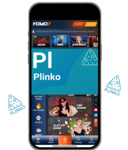 Mobile view of FOMO7 website featuring Plinko, live casino, and other games